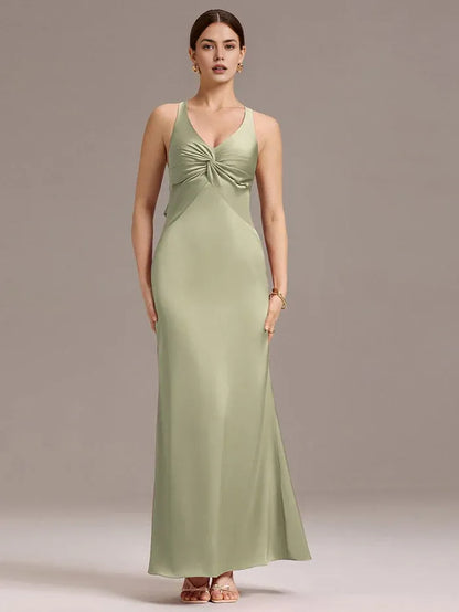 Elegant Sheath/Column V - Neck Knot Front Satin Maxi Dress with Crisscross Back and Bow Prom Dress