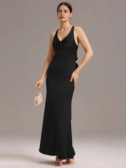 Elegant Sheath/Column V - Neck Knot Front Satin Maxi Dress with Crisscross Back and Bow Prom Dress
