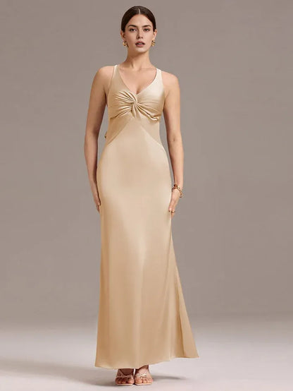 Elegant Sheath/Column V - Neck Knot Front Satin Maxi Dress with Crisscross Back and Bow Prom Dress