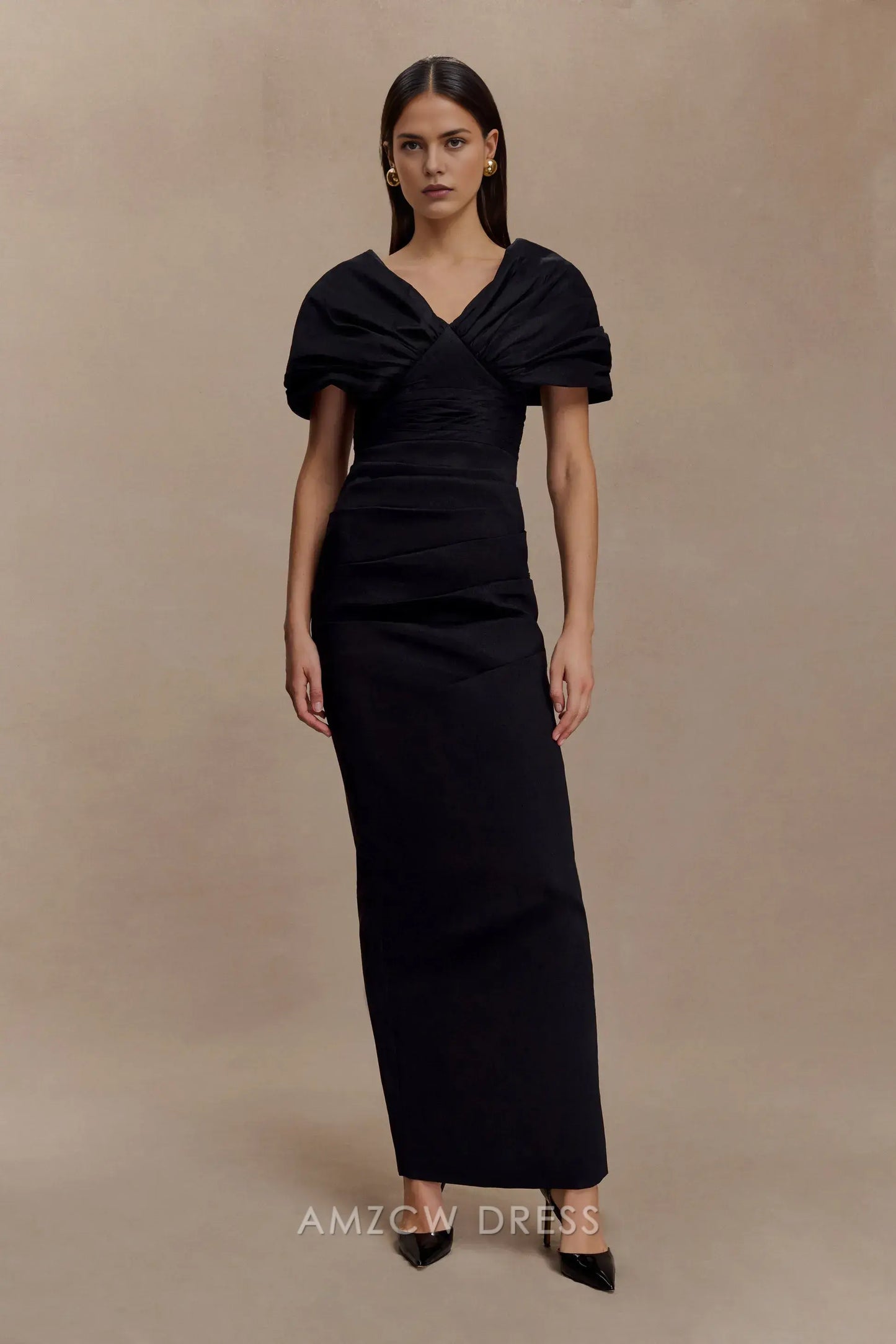 Elegant Sheath/Column V - Neck Puff Sleeve Maxi Dress with Back Slit Prom Dress