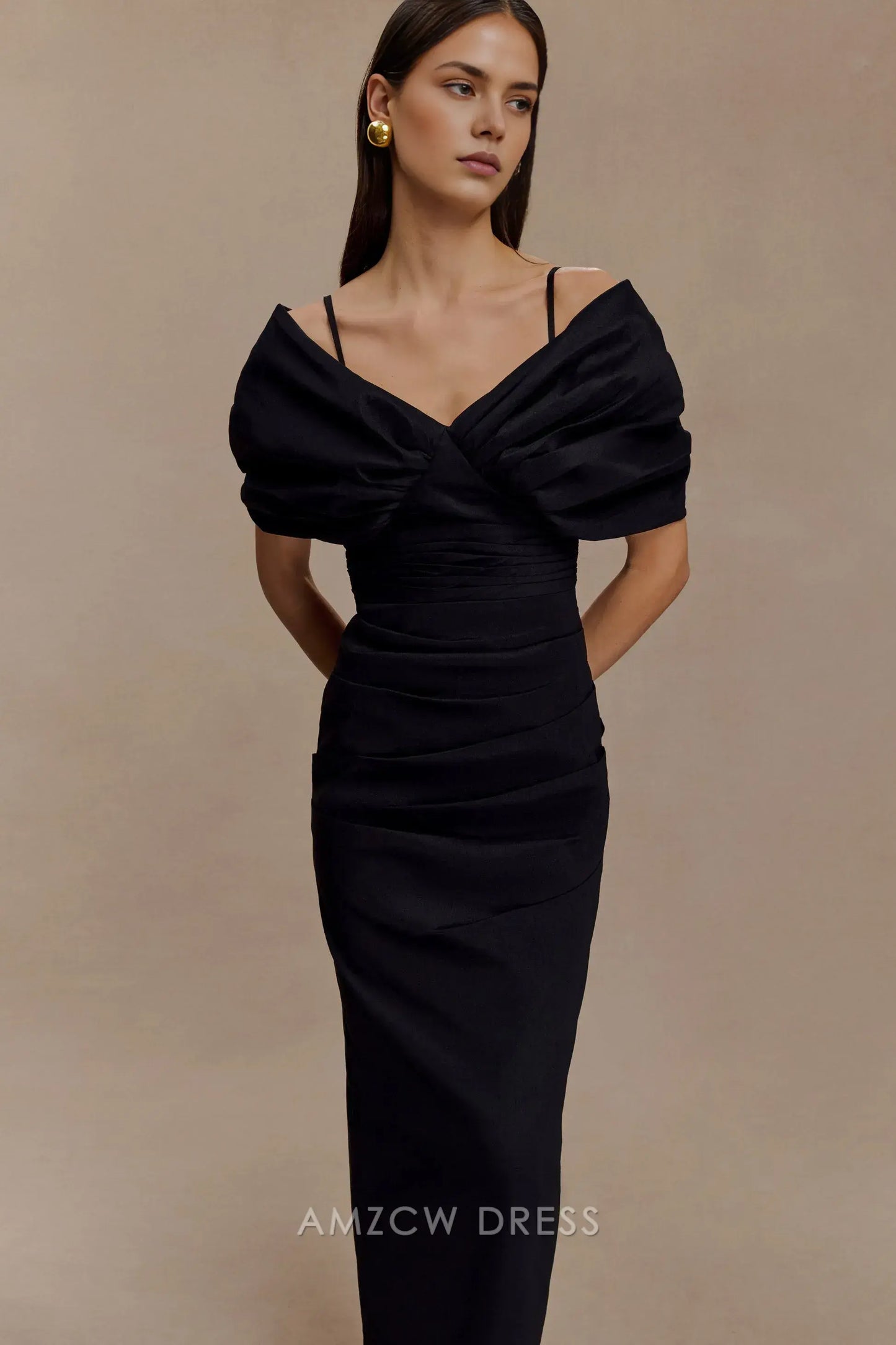 Elegant Sheath/Column V - Neck Puff Sleeve Maxi Dress with Back Slit Prom Dress