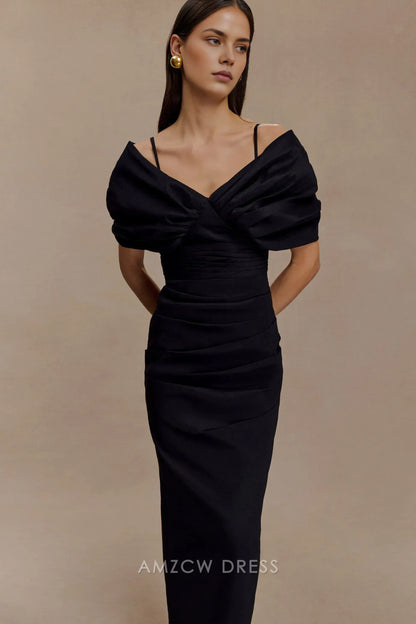 Elegant Sheath/Column V - Neck Puff Sleeve Maxi Dress with Back Slit Prom Dress