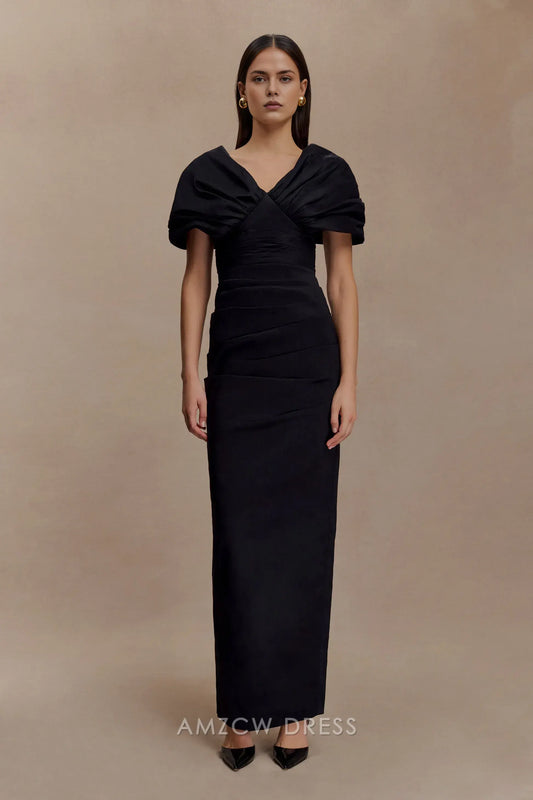 Elegant Sheath/Column V - Neck Puff Sleeve Maxi Dress with Back Slit Prom Dress
