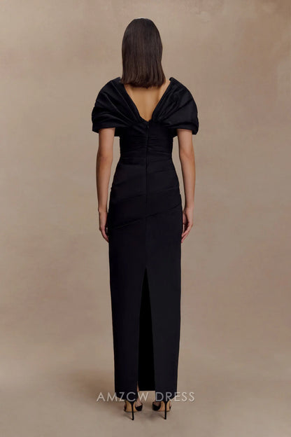 Elegant Sheath/Column V - Neck Puff Sleeve Maxi Dress with Back Slit Prom Dress