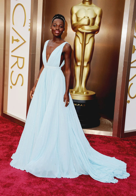 Elegant Sky Blue Chiffon Plunge V-Neck Sleeveless Pleated A-Line Train Prom Dress