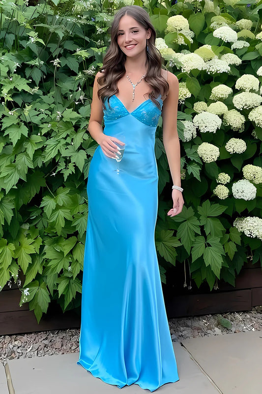 Elegant Sky Blue Prom Dresses with Satin Beaded Trim and Tie Back