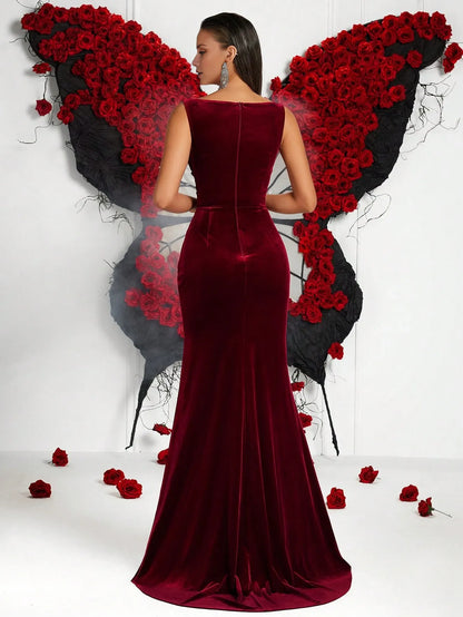 Elegant Sleeveless Boat Neck Velvet High-Slit Mermaid Maxi Dress Prom Dress