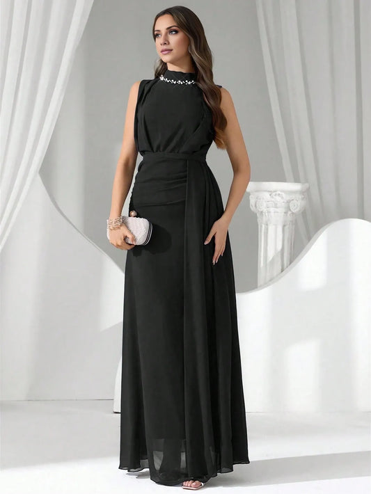Elegant Sleeveless Embellished Mock Neck Ruched Chiffon Maxi Dress Prom Dress