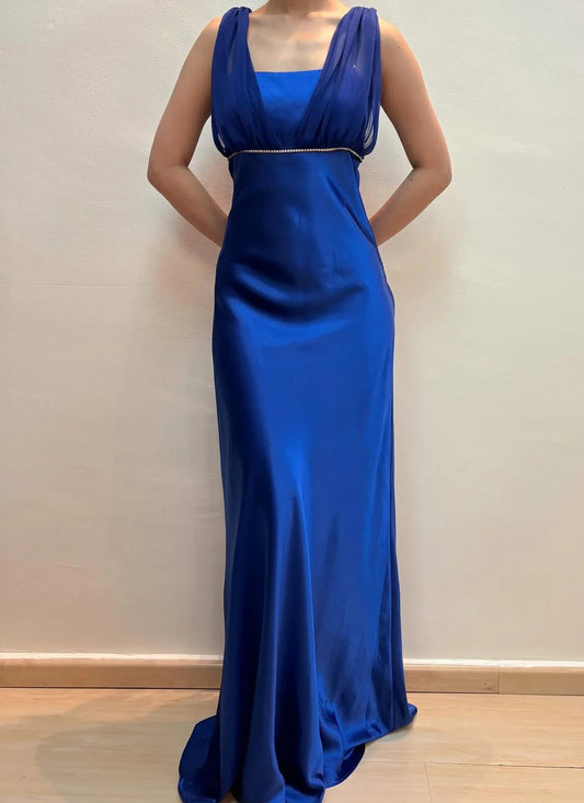 Elegant Sleeveless Square Neck Beaded Waist Satin Maxi Prom Dress
