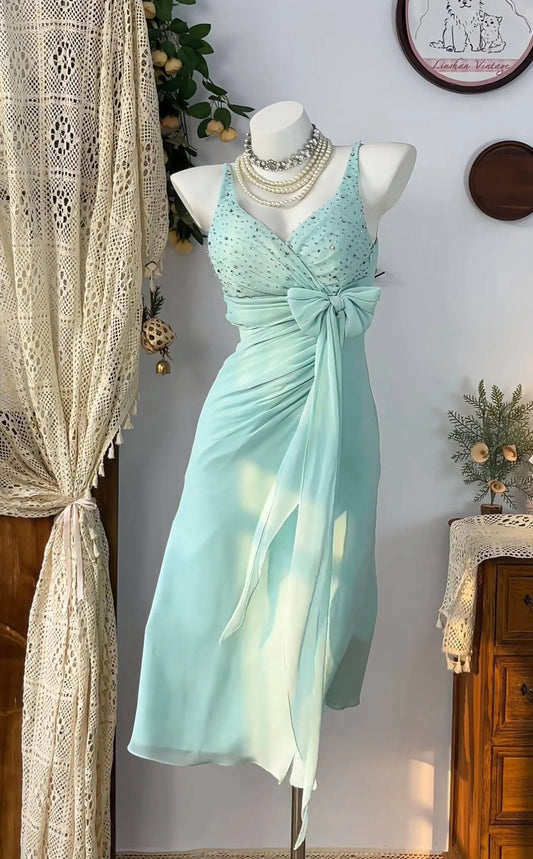 Elegant Spaghetti Strap Beaded Bodice Bow Accent Ruched Chiffon Midi Prom Dress