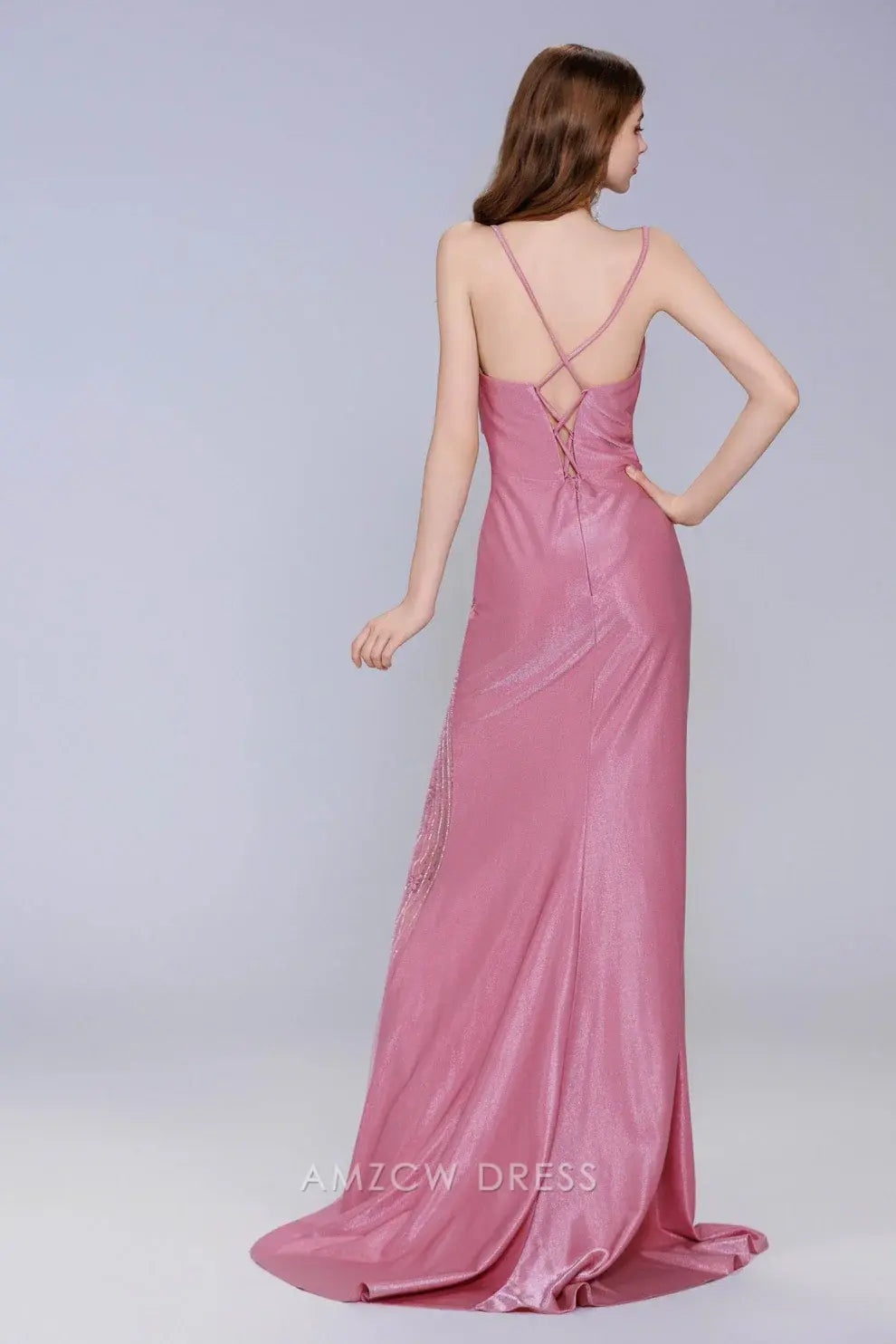 Elegant Spaghetti Strap Beaded Slit Maxi Dress with Crisscross Back Prom Dress