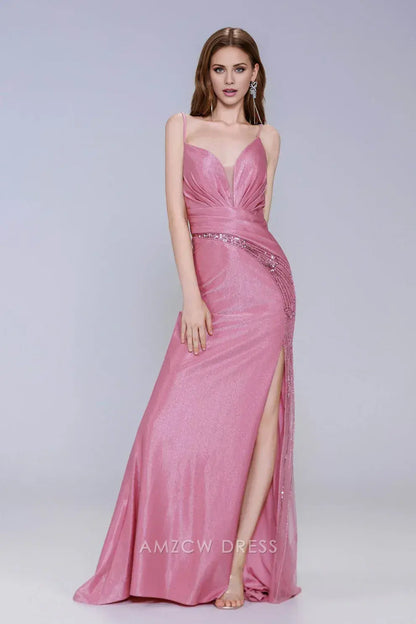 Elegant Spaghetti Strap Beaded Slit Maxi Dress with Crisscross Back Prom Dress
