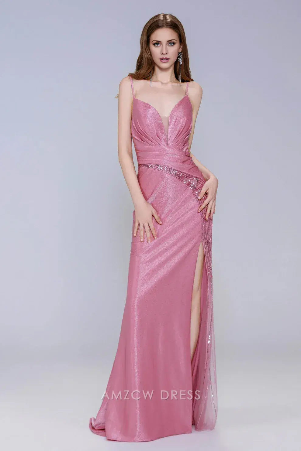 Elegant Spaghetti Strap Beaded Slit Maxi Dress with Crisscross Back Prom Dress