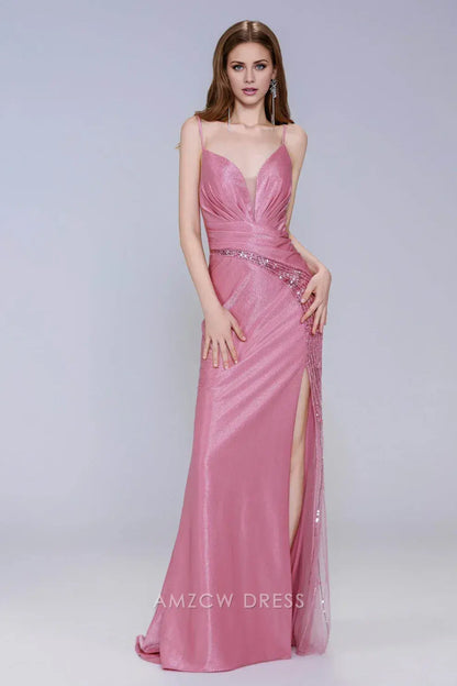 Elegant Spaghetti Strap Beaded Slit Maxi Dress with Crisscross Back Prom Dress