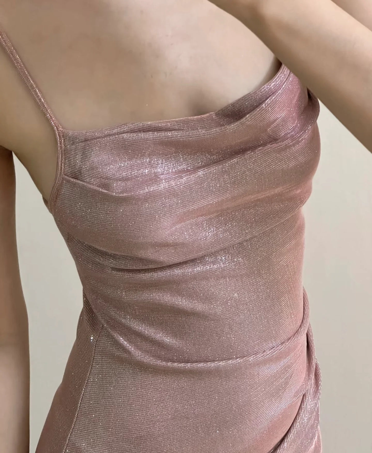 Elegant Spaghetti Strap Cowl Neck Ruched Waist Glitter Mermaid Evening Dress