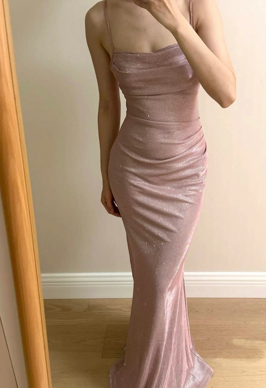 Elegant Spaghetti Strap Cowl Neck Ruched Waist Glitter Mermaid Evening Dress