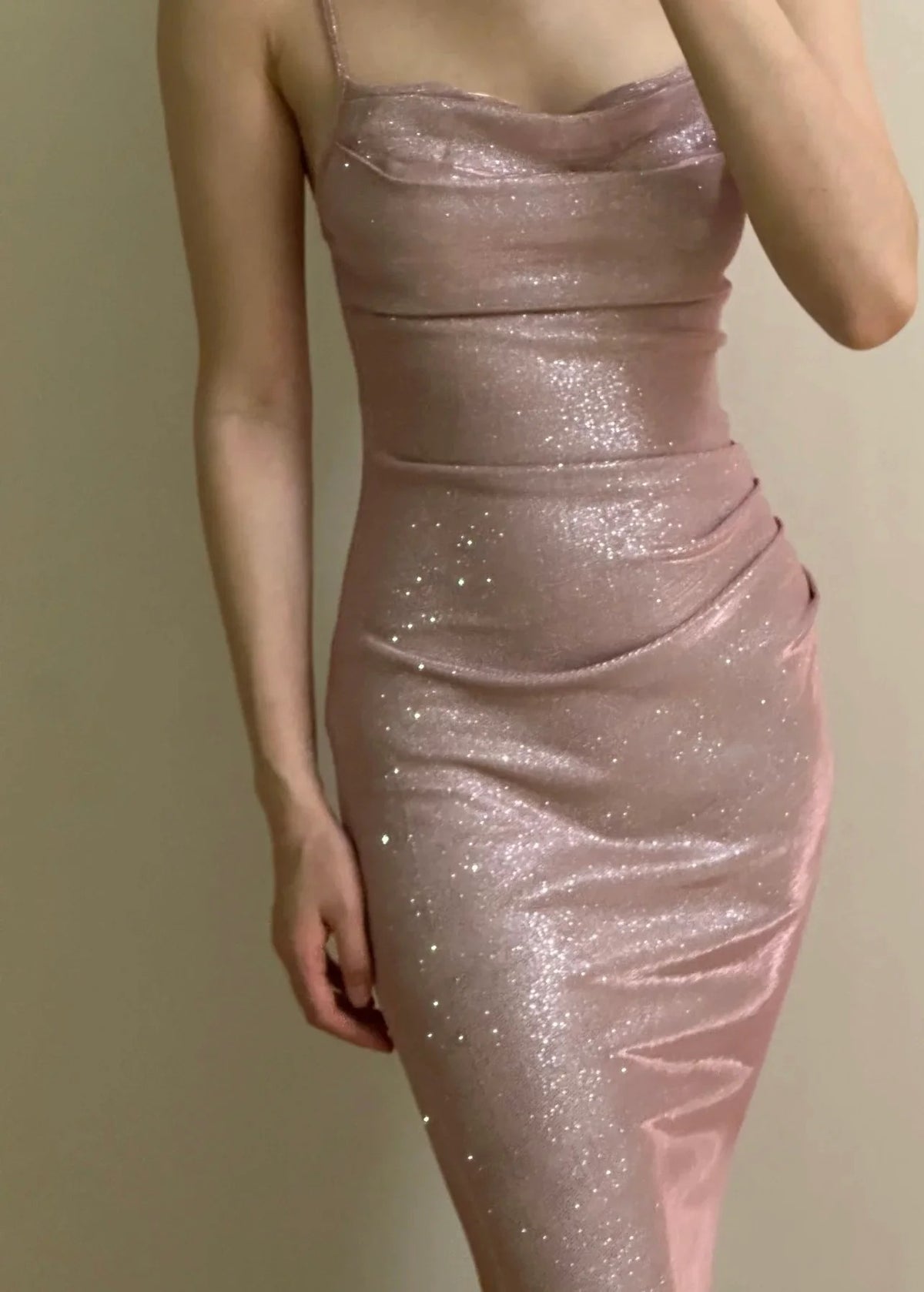 Elegant Spaghetti Strap Cowl Neck Ruched Waist Glitter Mermaid Evening Dress