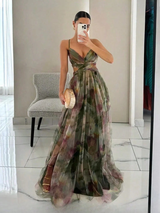 Elegant Spaghetti Strap Cutout Watercolor Print Tulle Maxi Dress Prom Dress