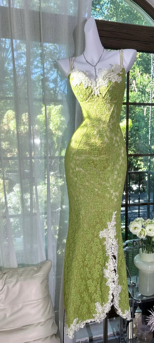 Elegant Spaghetti Strap Lace Applique Crisscross Back High Slit Mermaid Prom Dress