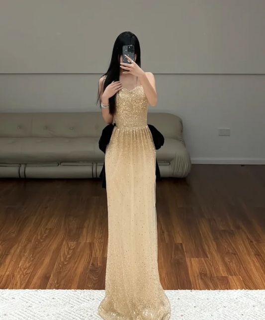 Elegant Spaghetti Strap Sequin Gradient Tulle Maxi Prom Dress with Velvet Bow