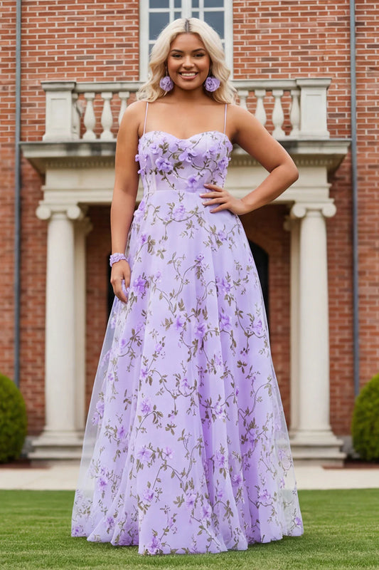 Elegant Spaghetti Strap Sweetheart Neck 3D Floral Embroidered Tulle Maxi Prom Dress