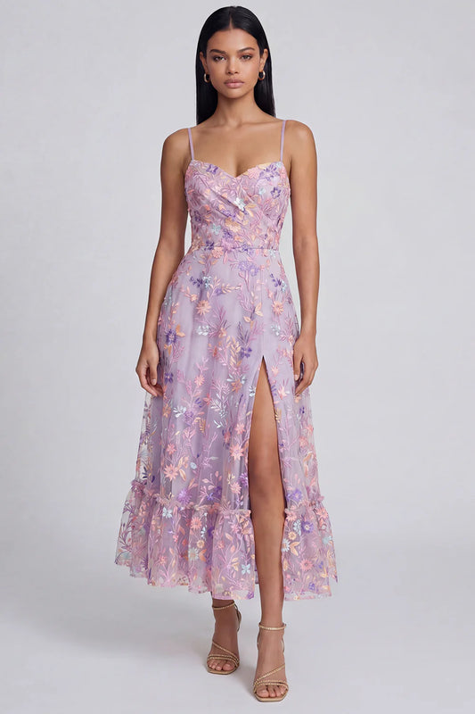 Elegant Spaghetti Strap Sweetheart Neck Colorful Floral Embroidered Slit Ruffle Tulle Midi Prom Dress
