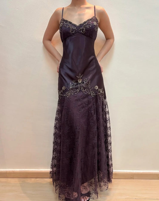 Elegant Spaghetti Strap Sweetheart Neck Gold Beaded Lace Overlay Satin Maxi Prom Dress