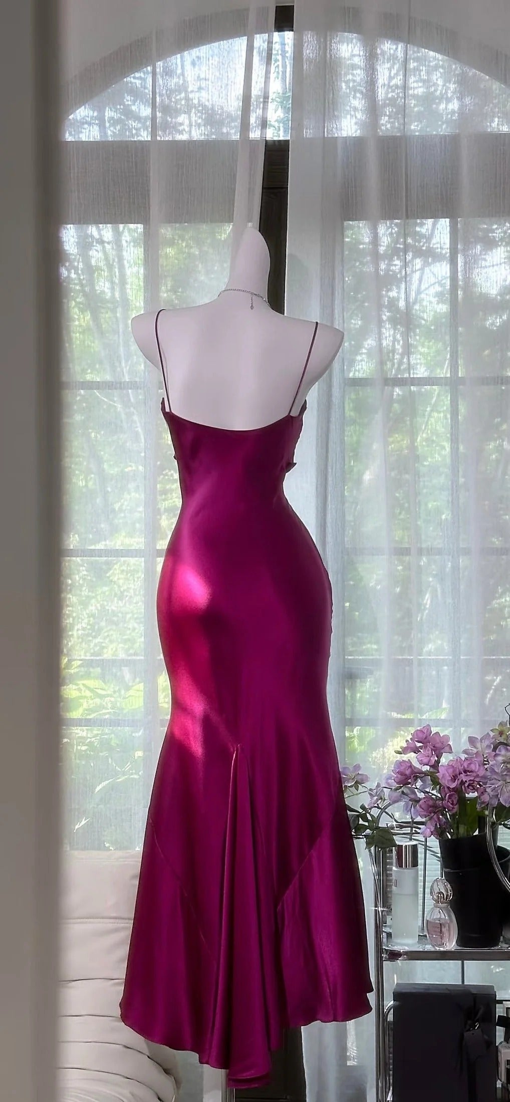 Elegant Spaghetti Strap Sweetheart Neck Ruched Ruffle High Slit Satin Evening Dress