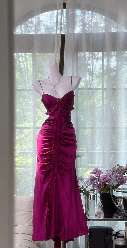 Elegant Spaghetti Strap Sweetheart Neck Ruched Ruffle High Slit Satin Evening Dress