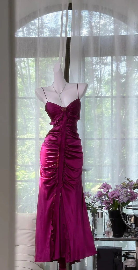 Elegant Spaghetti Strap Sweetheart Neck Ruched Ruffle High Slit Satin Evening Dress