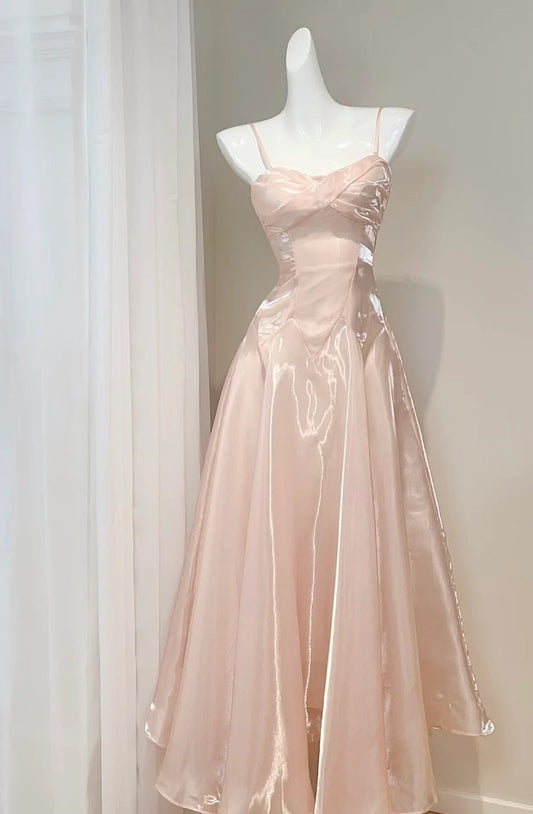 Elegant Spaghetti Strap Sweetheart Neck Twist Bodice Shiny Satin A Line Evening Dress