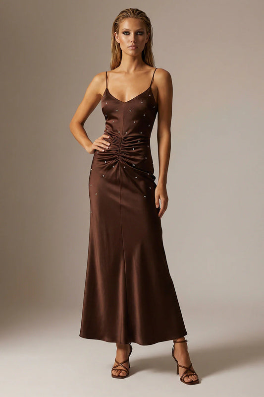 Elegant Spaghetti Strap V Neck Rhinestone Ruched Satin Maxi Prom Dress