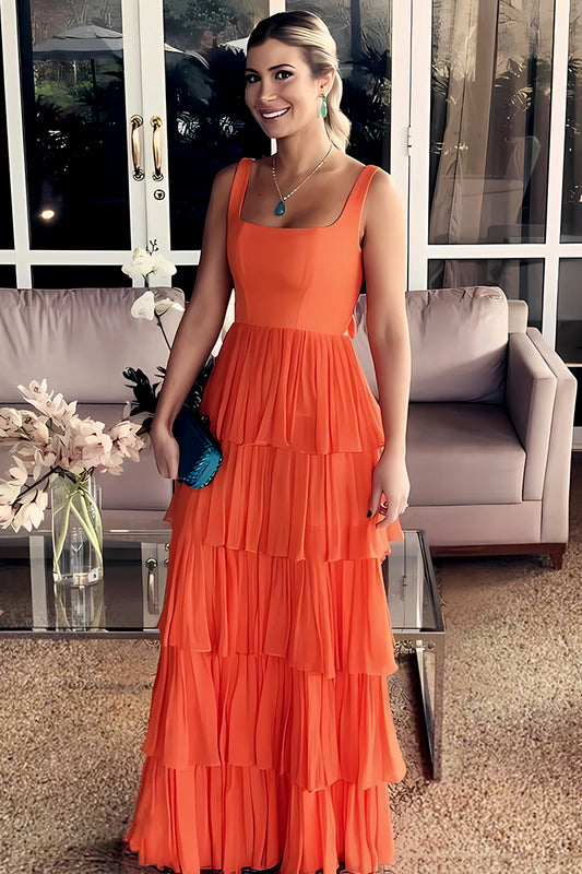 Elegant Square Neck Backless Bow Tie Tiered Chiffon Prom Dress with Sweep Train