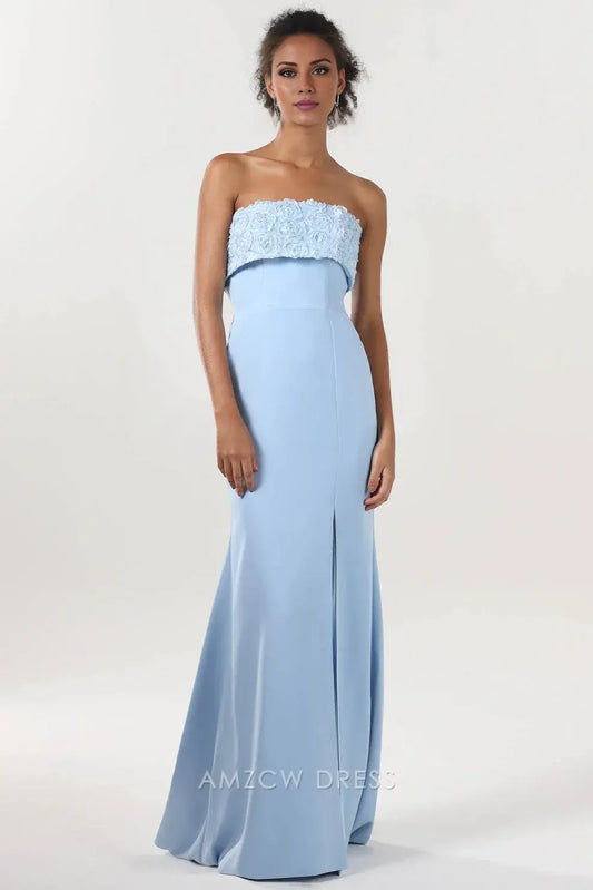 Elegant Strapless 3D Rose-Embellished Satin Slit Mermaid Maxi Dress Prom Dress