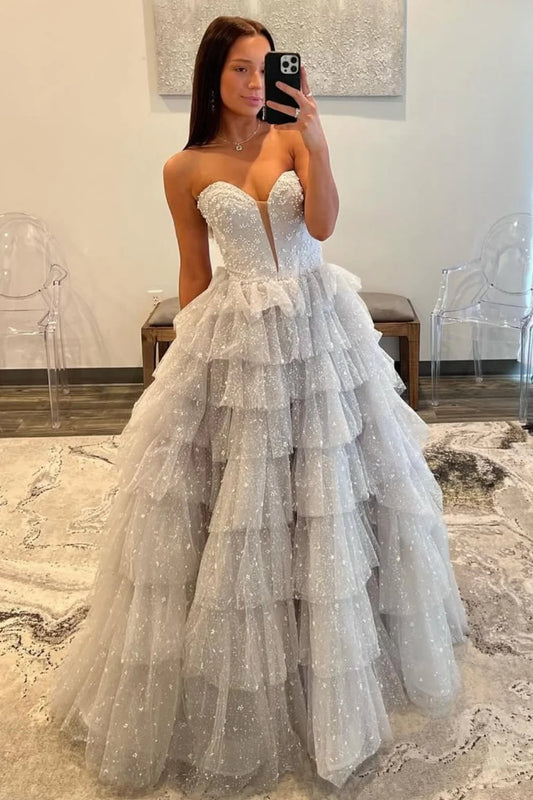 Elegant Strapless Beaded Tiered Ruffled Glitter Tulle Prom Dress with Sweep Train