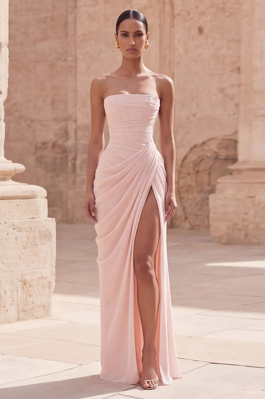 Elegant Strapless Blush Pink Ruched Chiffon Mermaid Gown with Lace-Up Back and Side Slit Prom Dress