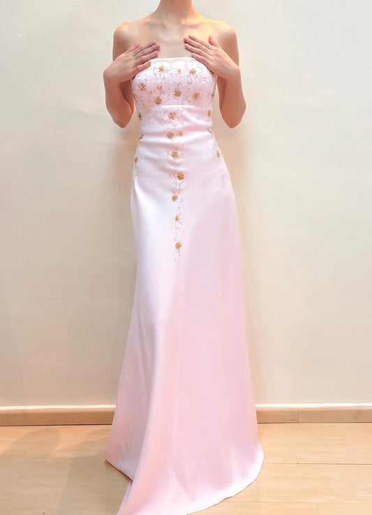 Elegant Strapless Gold Beaded Floral Embroidered Lace Up Back Satin Maxi Prom Dress