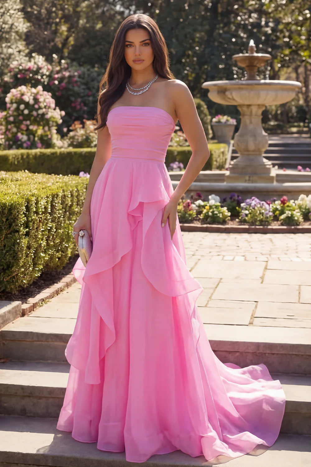 Elegant Strapless Hot Pink Chiffon Ruffle Gown with Sweep Train Prom Dress