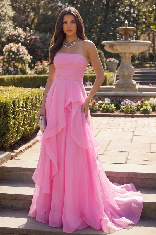 Elegant Strapless Hot Pink Chiffon Ruffle Gown with Sweep Train Prom Dress