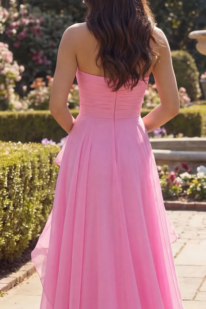 Elegant Strapless Hot Pink Chiffon Ruffle Gown with Sweep Train Prom Dress