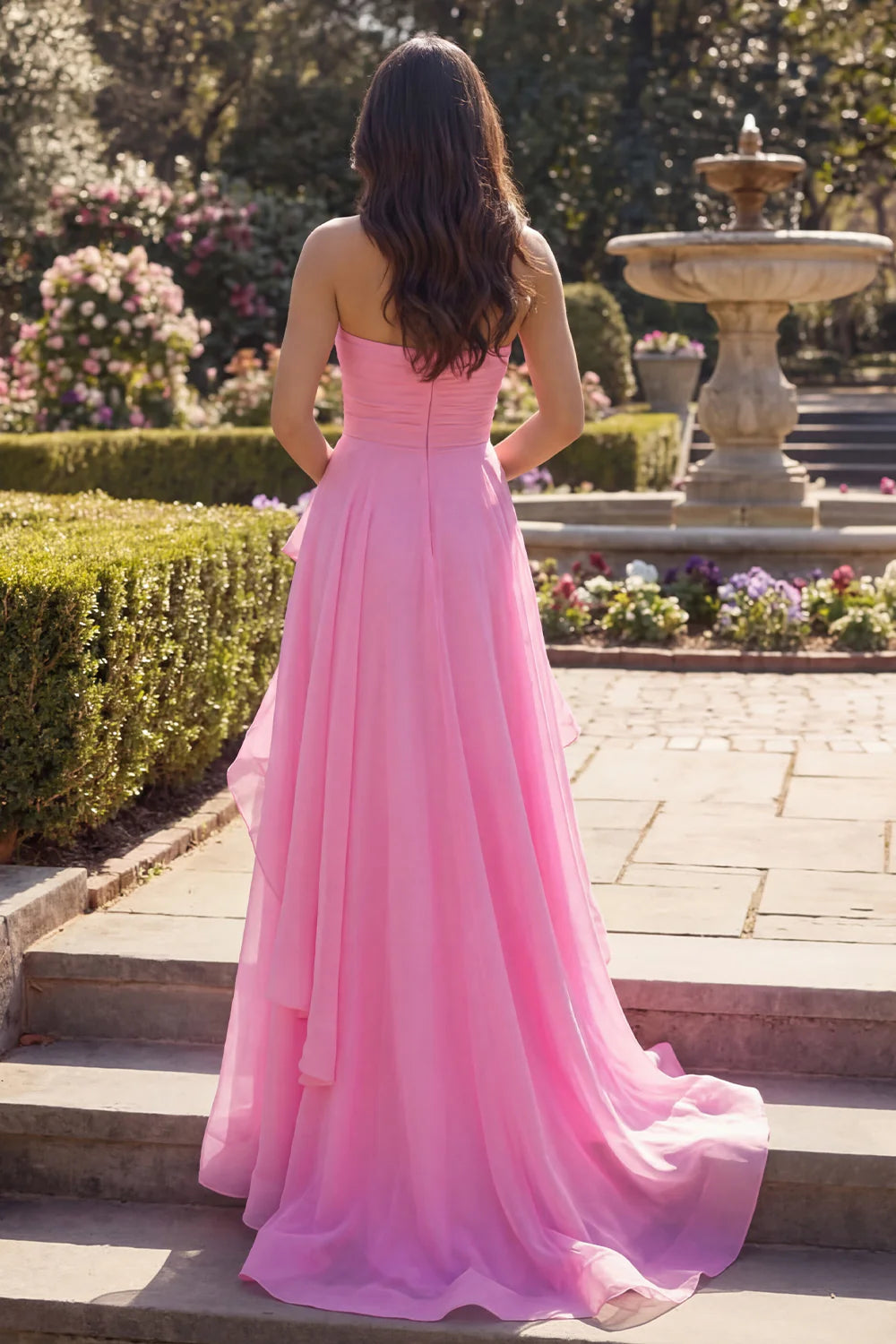 Elegant Strapless Hot Pink Chiffon Ruffle Gown with Sweep Train Prom Dress