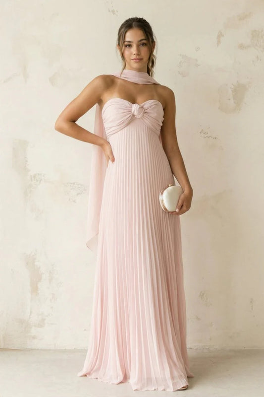 Elegant Strapless Knotted Bust Pleated Chiffon Maxi Prom Dress with Convertible Scarf and Lace-Up Back