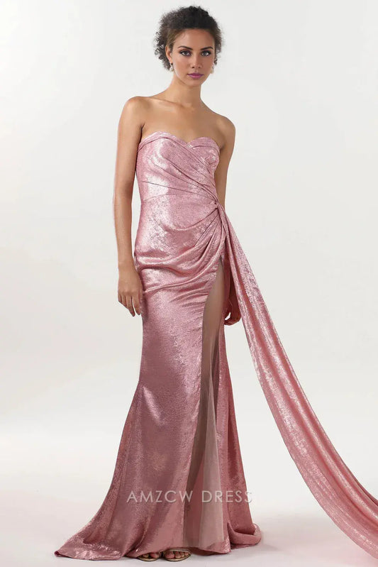 Elegant Strapless Metallic Draped Slit Mermaid Maxi Dress with Train Prom Dress