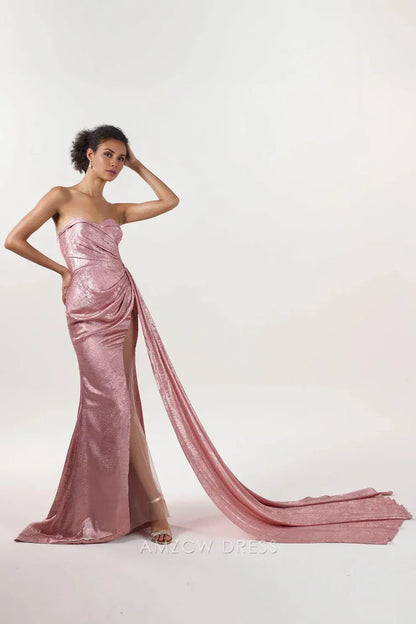 Elegant Strapless Metallic Draped Slit Mermaid Maxi Dress with Train Prom Dress