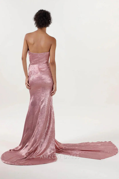 Elegant Strapless Metallic Draped Slit Mermaid Maxi Dress with Train Prom Dress