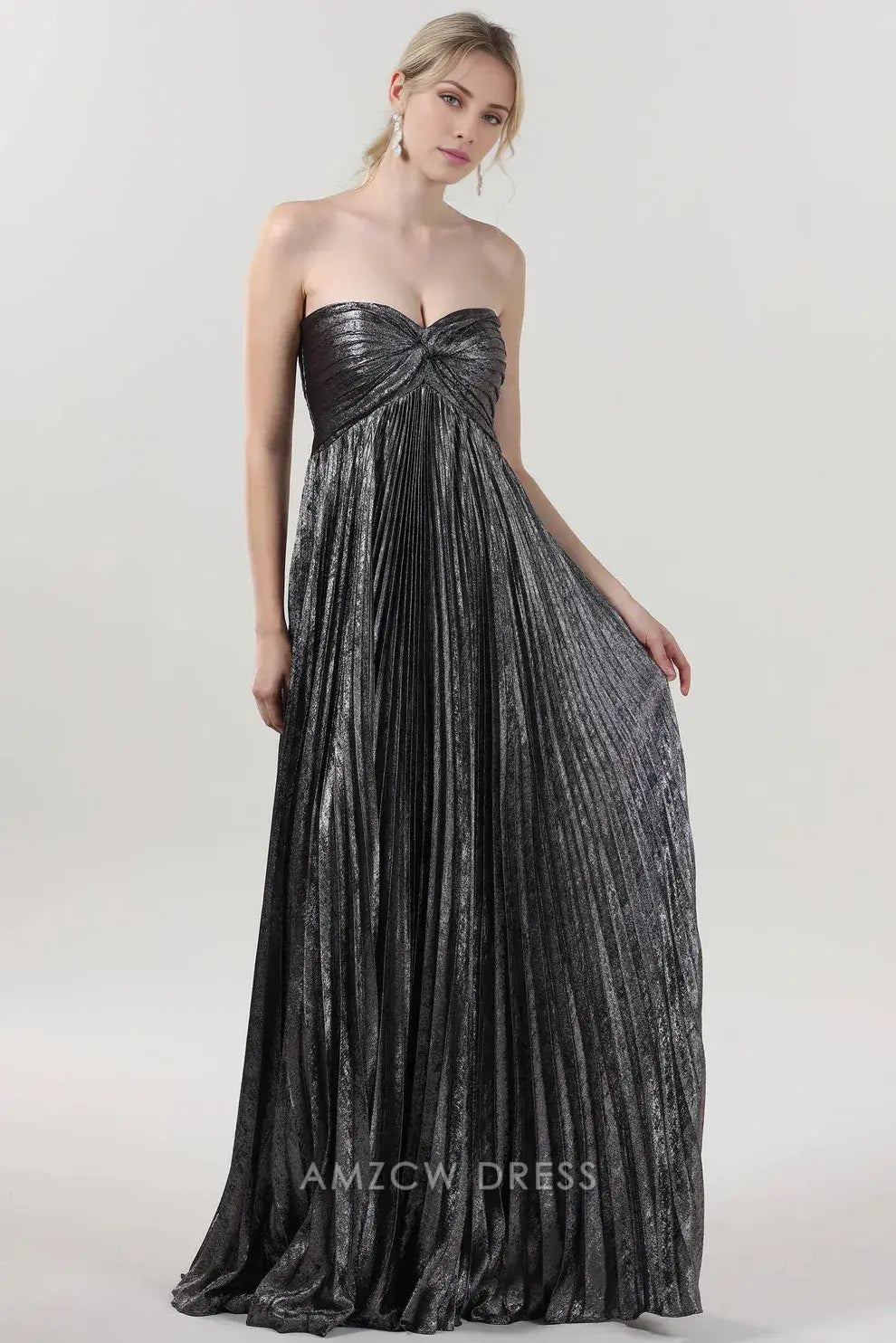 Elegant Strapless Metallic Pleated Knot-Accent Ballgown Maxi Dress Prom Dress