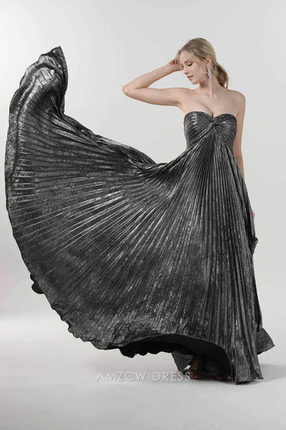 Elegant Strapless Metallic Pleated Knot-Accent Ballgown Maxi Dress Prom Dress