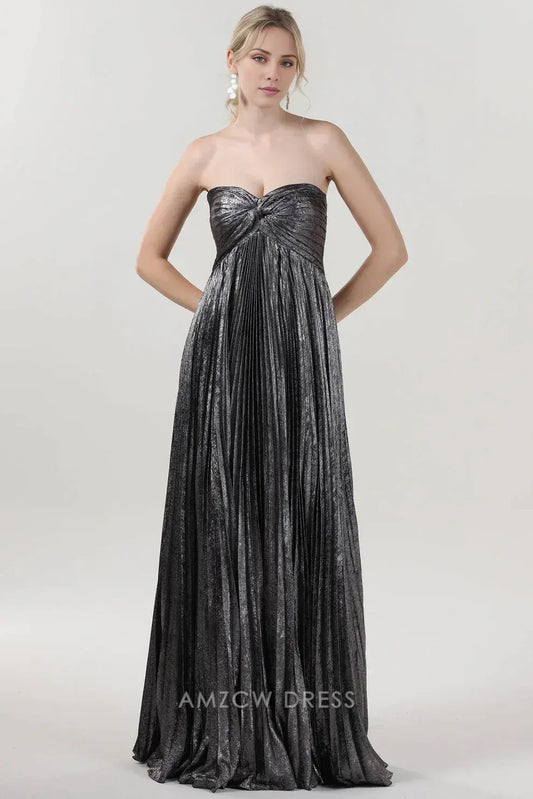 Elegant Strapless Metallic Pleated Knot-Accent Ballgown Maxi Dress Prom Dress