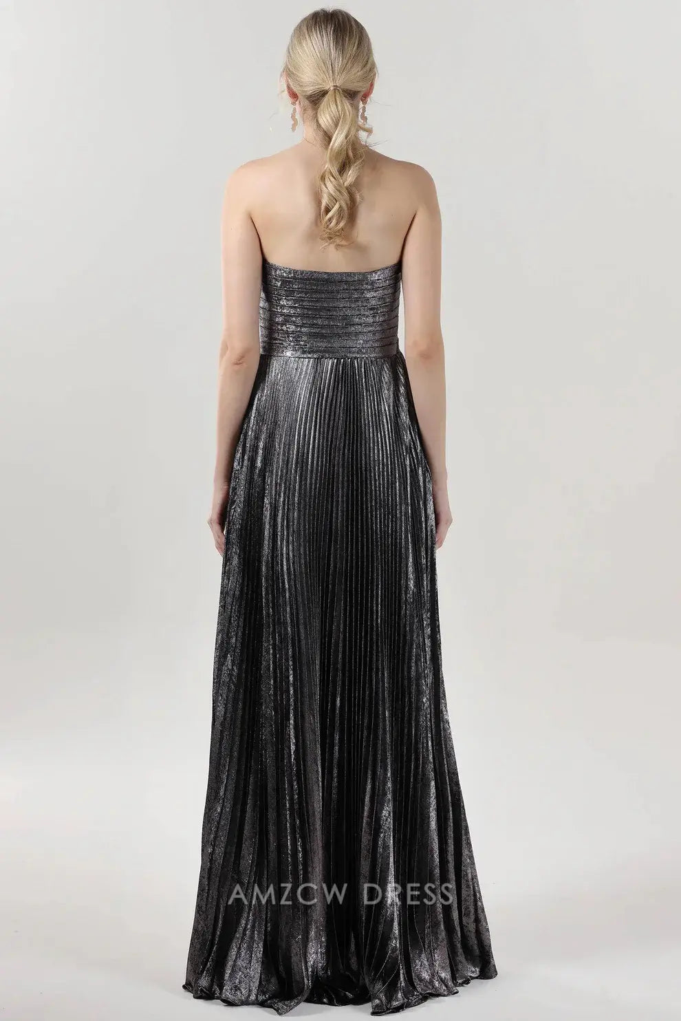 Elegant Strapless Metallic Pleated Knot-Accent Ballgown Maxi Dress Prom Dress