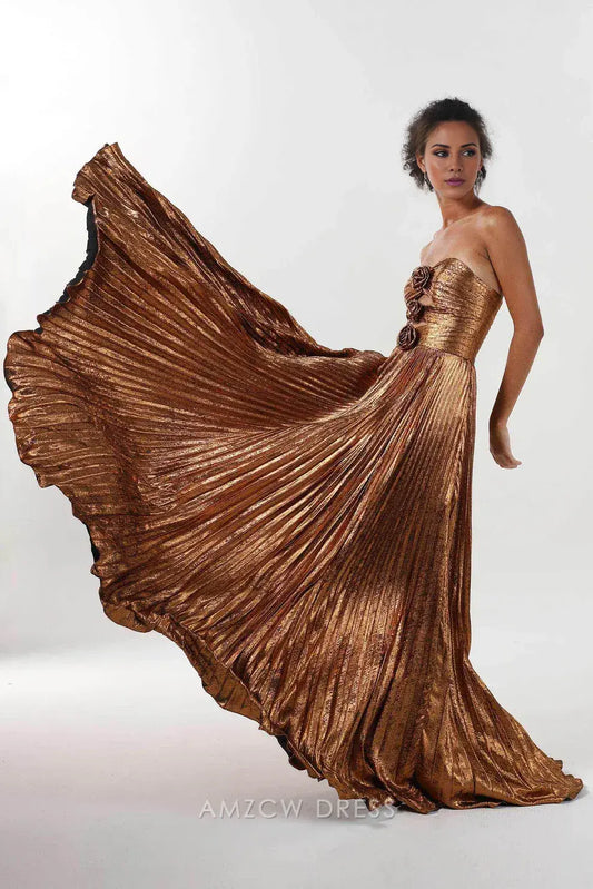 Elegant Strapless Metallic Pleated Rose-Accent Ballgown Maxi Dress Prom Dress